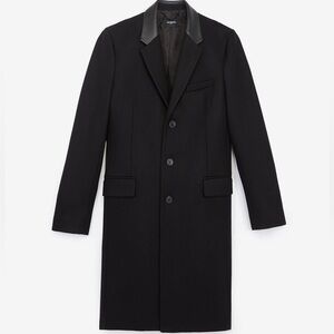 The Kooples Black Long Wool Coat with Leather Lapel Collar in Size Small